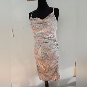 Acoa Women’s Ruched Pink Satin Sexy MIDI Dress Spaghetti Strap Size M Paisley